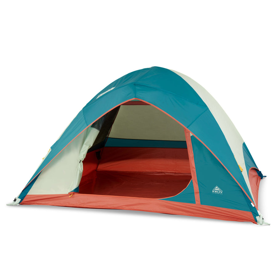 Kelty Discovery Basecamp 4 tent, front view, with fly on and door open