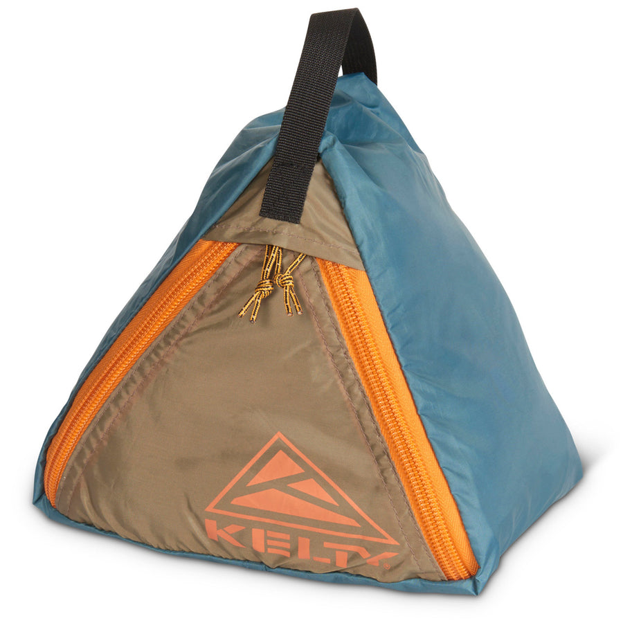 Kelty Sand Bag Stake, blue/orange, showing how product is a triangle-shaped nylon bag that can be filled with sand, rocks or other heavy objects