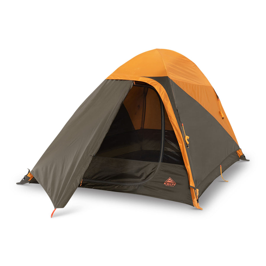 Kelty Grand Mesa 2 tent, brown, with fly attached and door open
