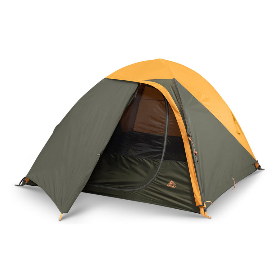 Kelty Grand Mesa 4 tent, brown, with fly attached and door open