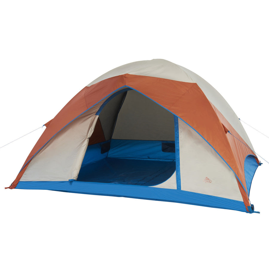 Kelty Ballarat 6 tent, front view, fly attached, door open