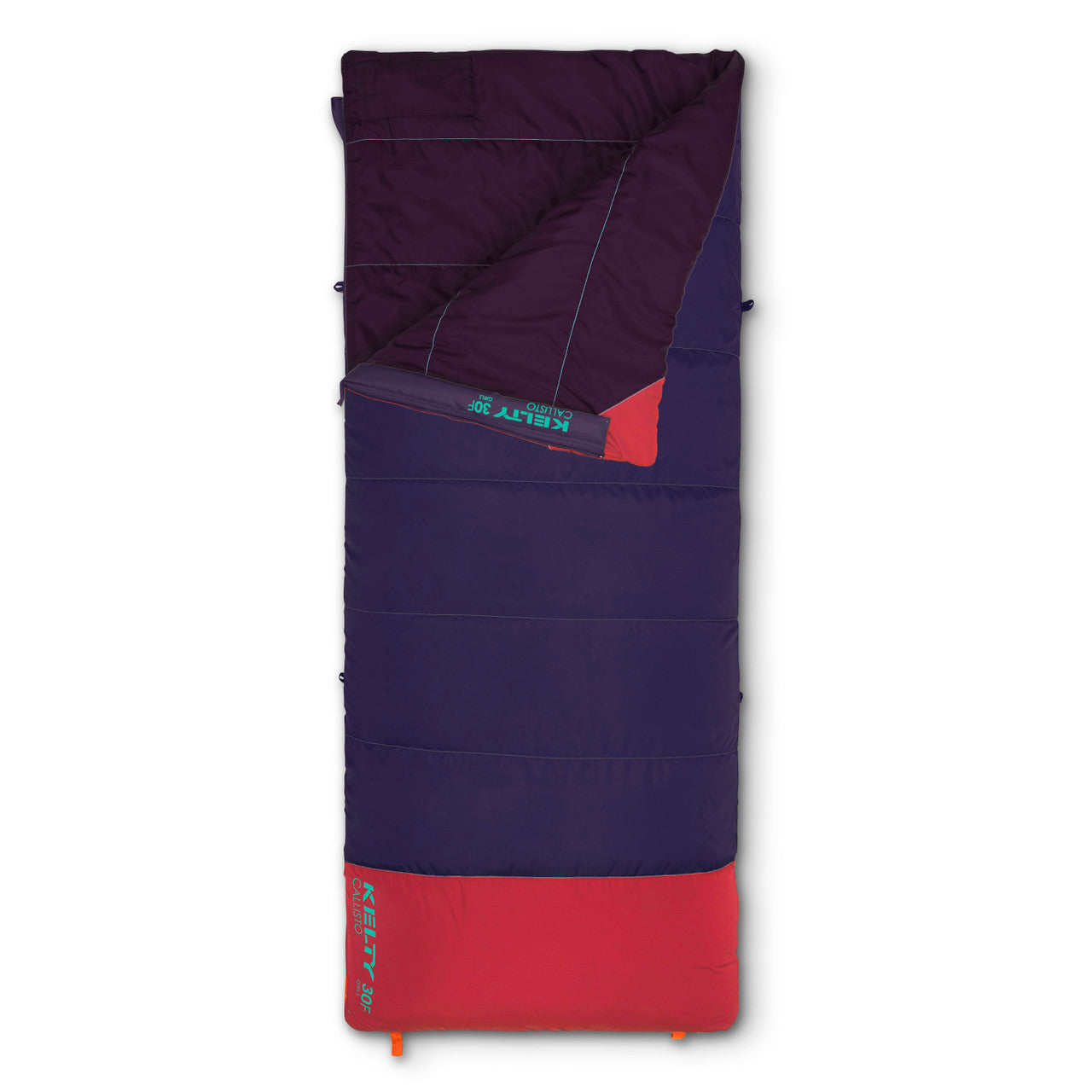 Italian Plum - Kelty Kids Callisto 30 sleeping bag, shown unzipped quarter length