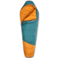 Kids Mistral 30 sleeping bag, teal, shown unzipped quarter length