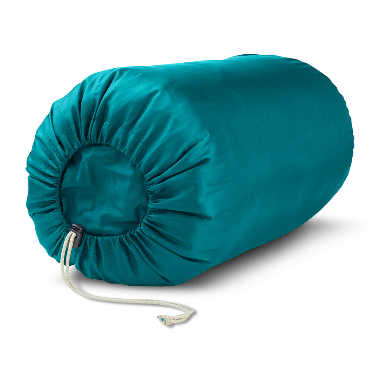 Kids Mistral 30 sleeping bag, shown packed inside teal stuff sack