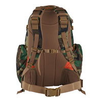 Strike 2300 m81 backpack, Woodland, rear view, showing padded shoulder straps and waist belt
