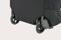 Kelty BRT USA rolling trunk,  black colorway, closeup of wheels