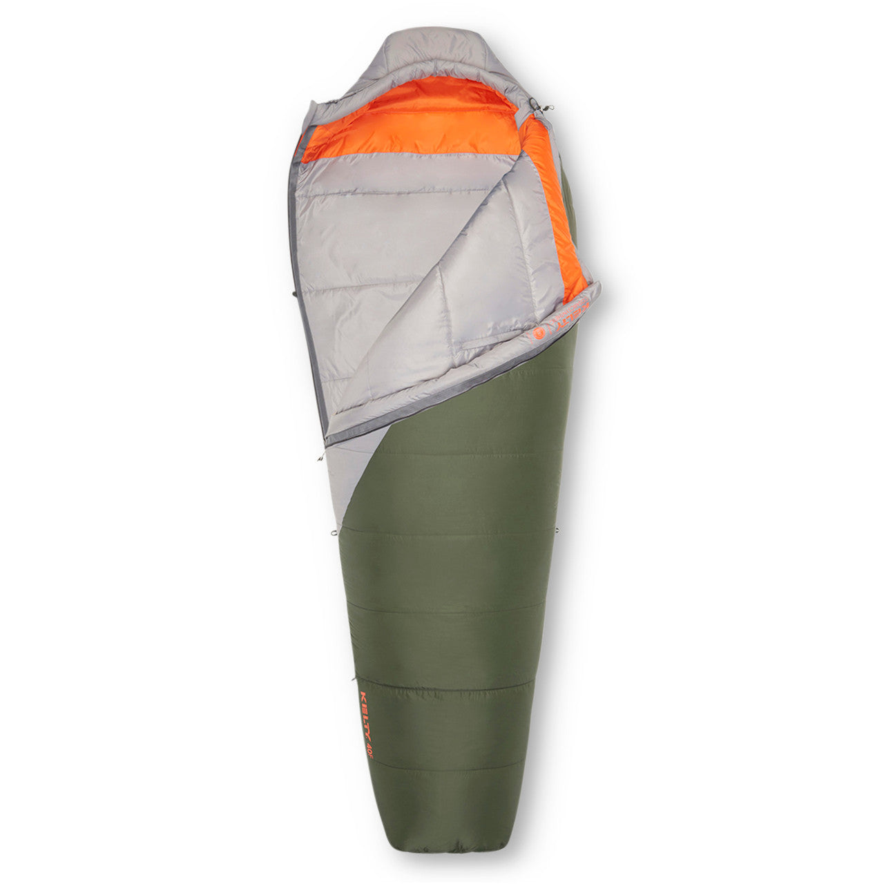 Kelty Cosmic Synthetic 40 Sleeping Bag, gray/green, shown partially unzipped