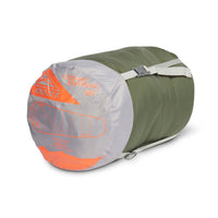 Kelty Cosmic Synthetic 40 Sleeping Bag, shown packed in gray/green stuff sack