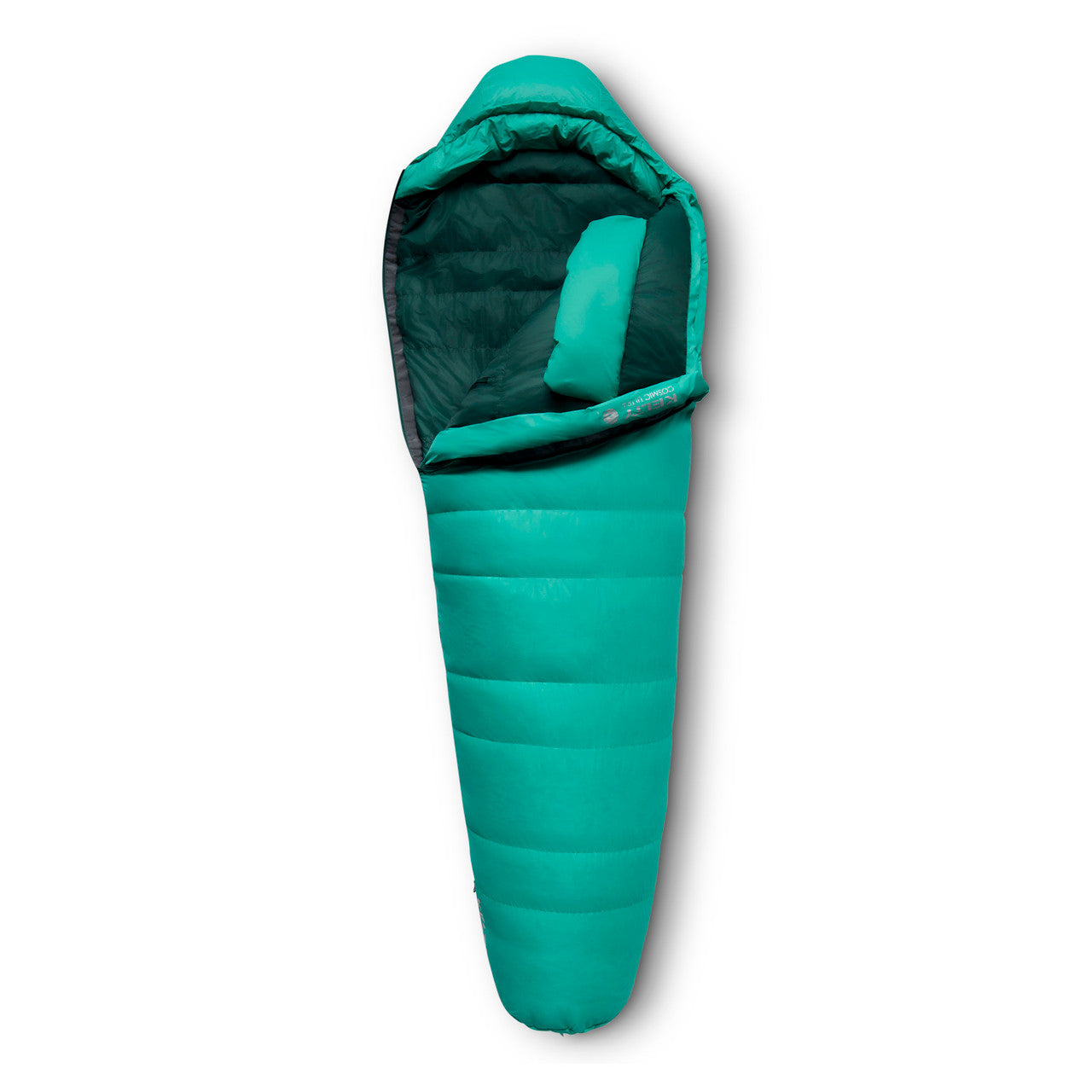 Kelty Women's Cosmic Ultra 20 sleeping bag, green, shown partially unzipped