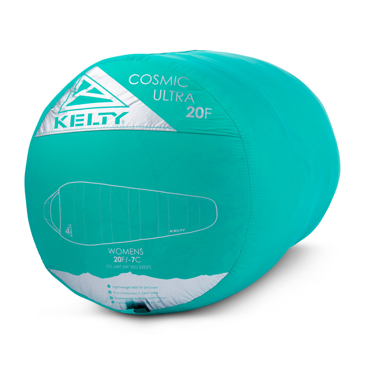 Kelty Women's Cosmic Ultra 20 sleeping bag packed in green stuff sack