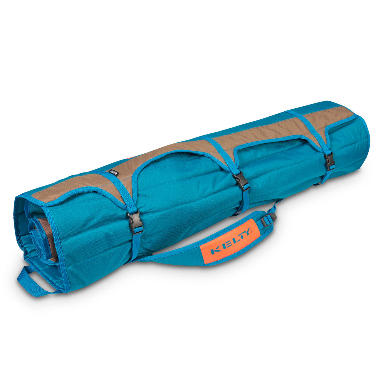 Close up of Kelty Deluxe Lounge Chair, packed inside padded storage tote, with all straps buckled