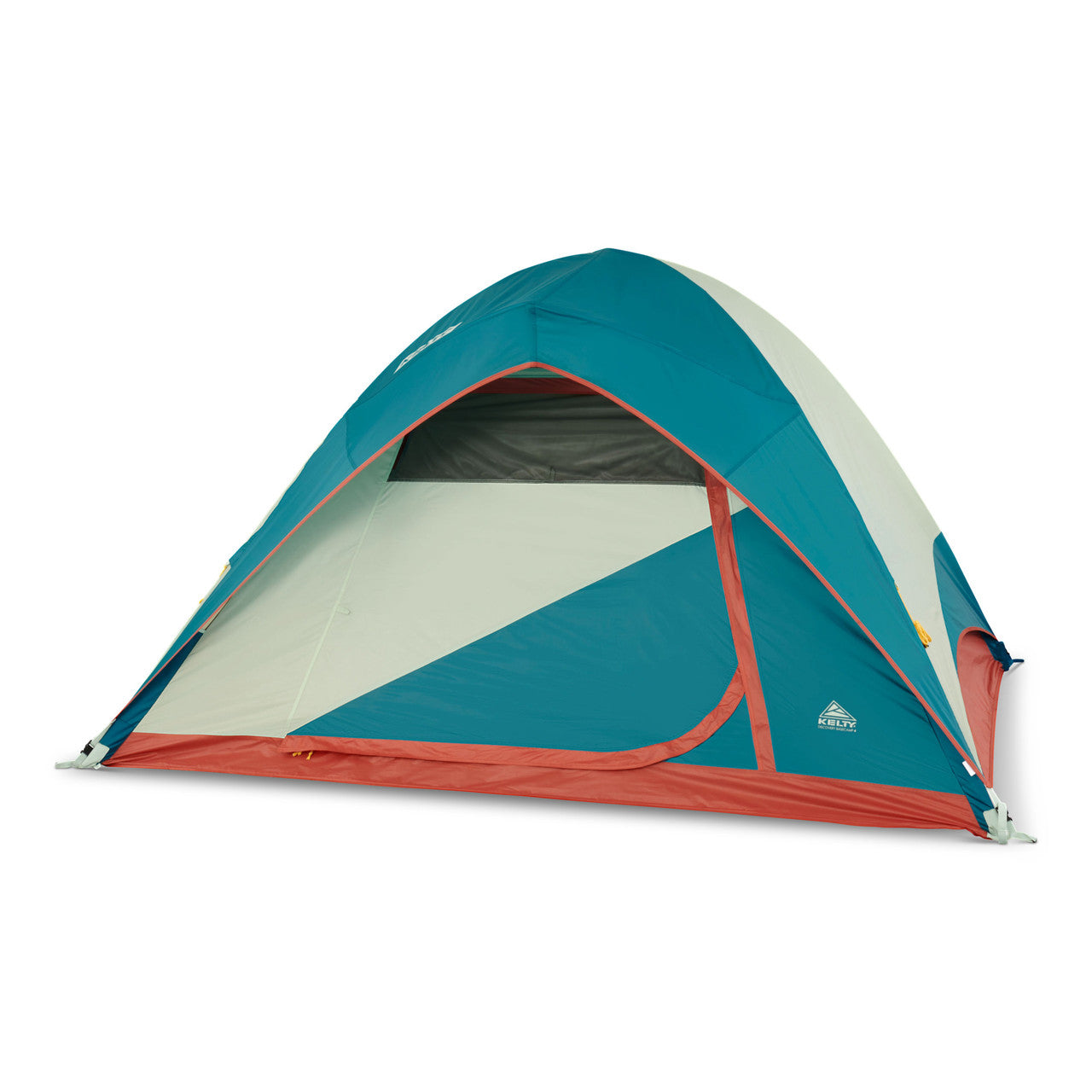 Kelty Discovery Basecamp 4 tent, front view, with fly on and door closed