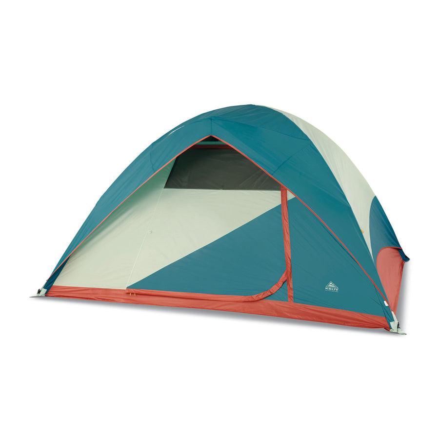 Kelty Discovery Basecamp 6 tent, front view, with fly attached and door closed