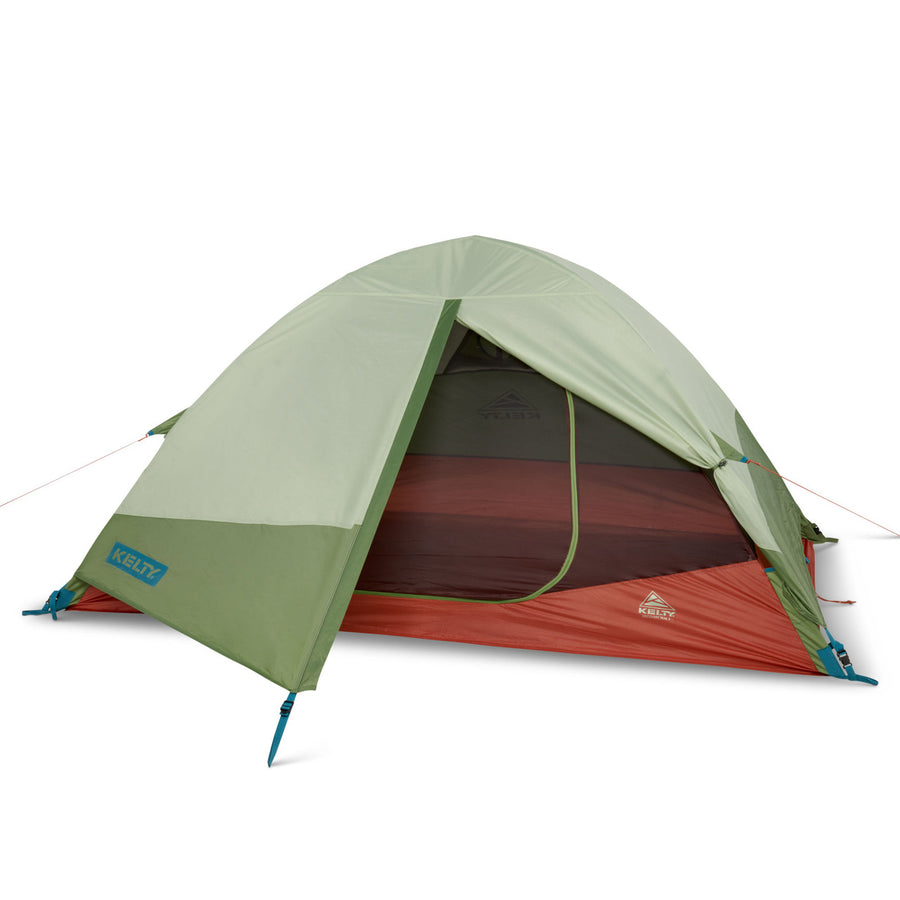 Kelty Discovery Trail 2 tent, front view, with fly attached and door open