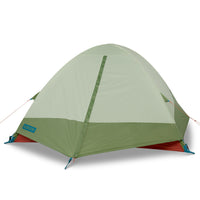 Kelty Discovery Trail 3 tent, front view, with fly attached and door closed