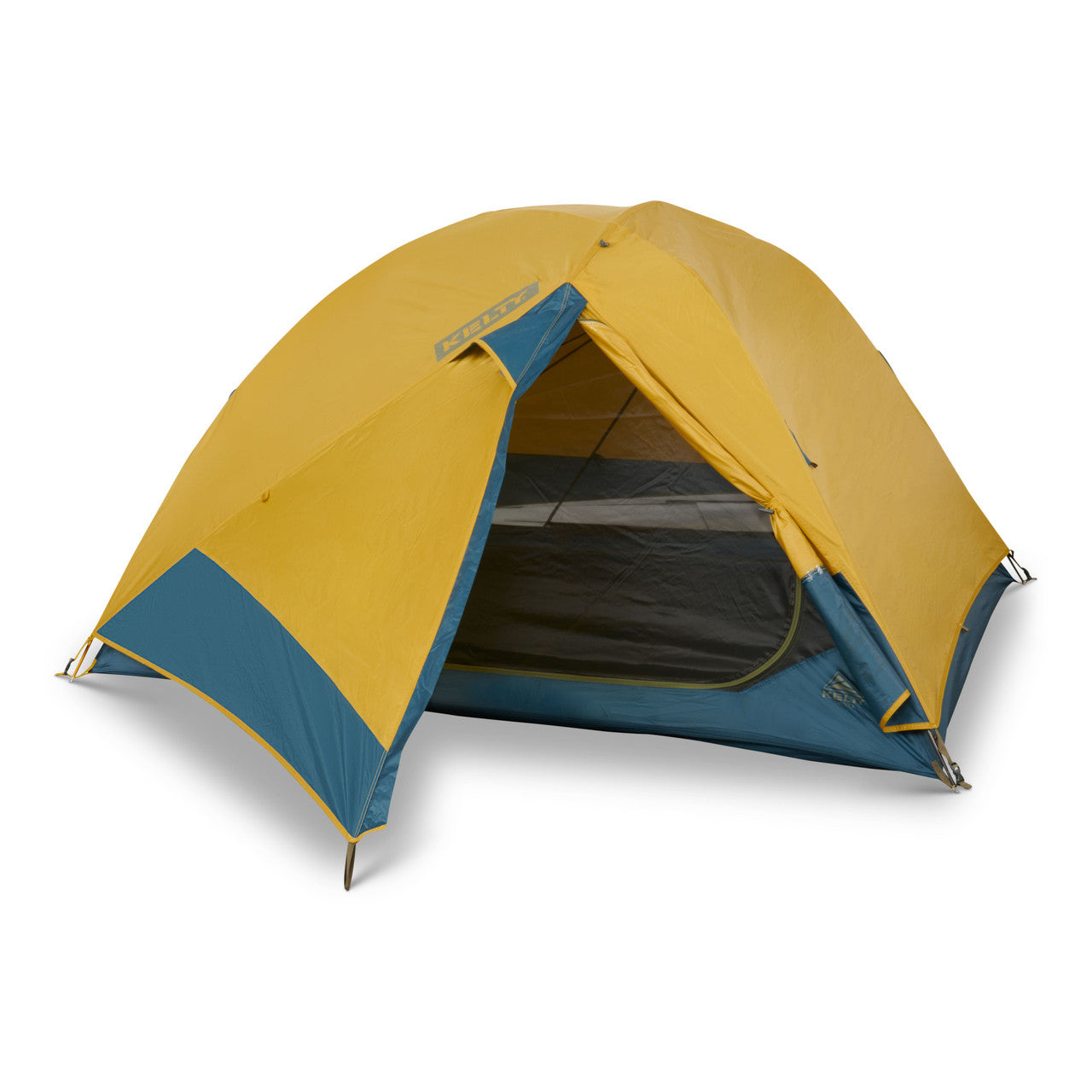 Kelty Far Out 3 tent, shown with fly on and partially rolled back