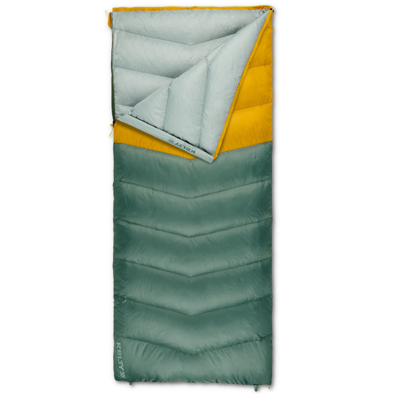 Kelty Galactic 30 sleeping bag, Duck Green/Olive Oil, front view, partially unzipped