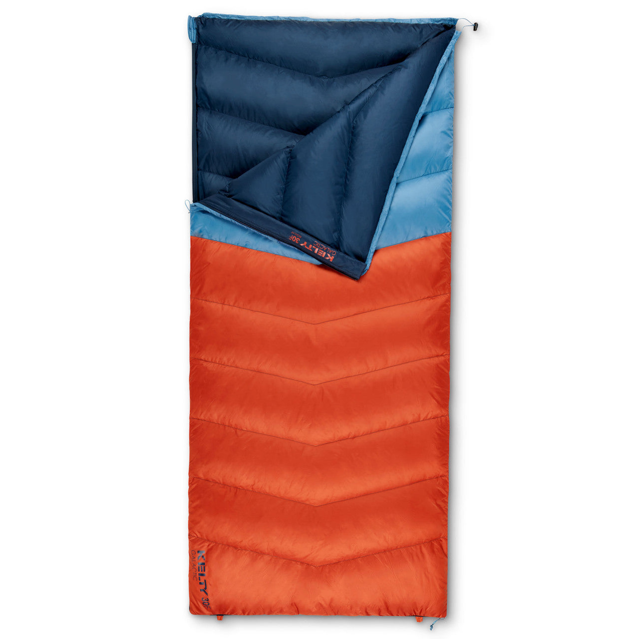 Kelty Galactic 30 sleeping bag, Rooibos Tea/Aegean Blue, front view, partially unzipped