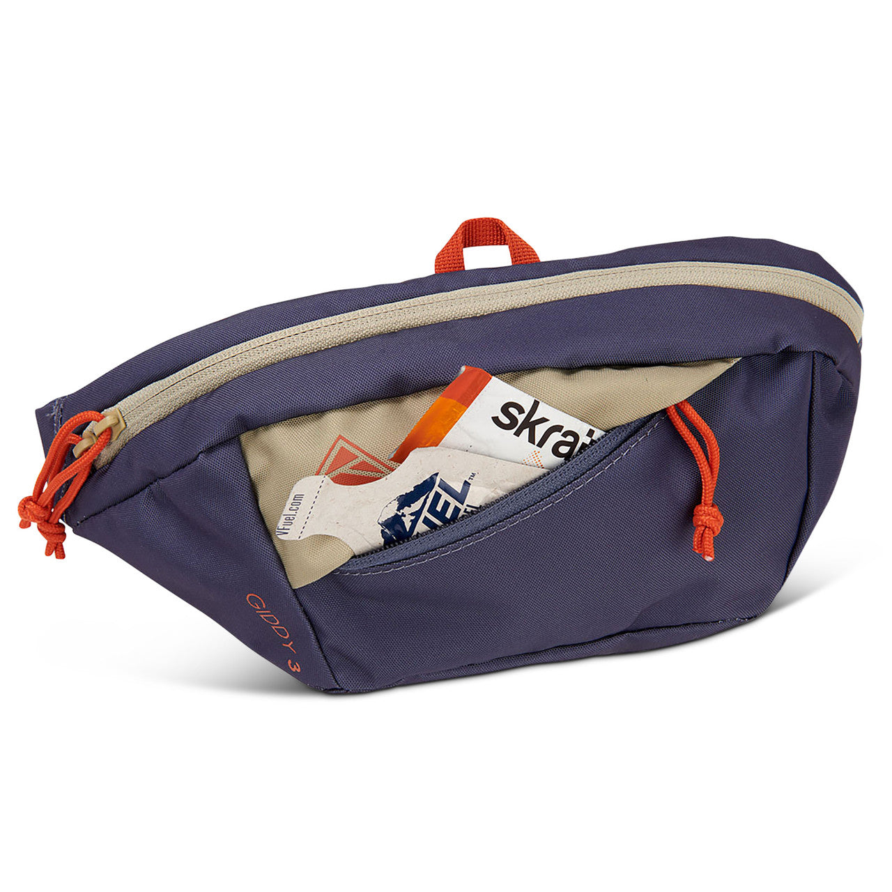 Kelty Giddy 3L waistpack, Grisaille/Elm, front view, unzipped