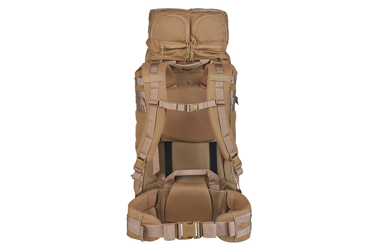 Kelty Falcon 4000 USA backpack, Canyon Brown, rear view showing padded shoulder straps and waistbelt