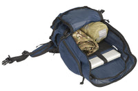 Kelty Redwing 44 Tactical backpack, Navy, with main compartment unzipped to show laptop, poncho, and other gear stored inside