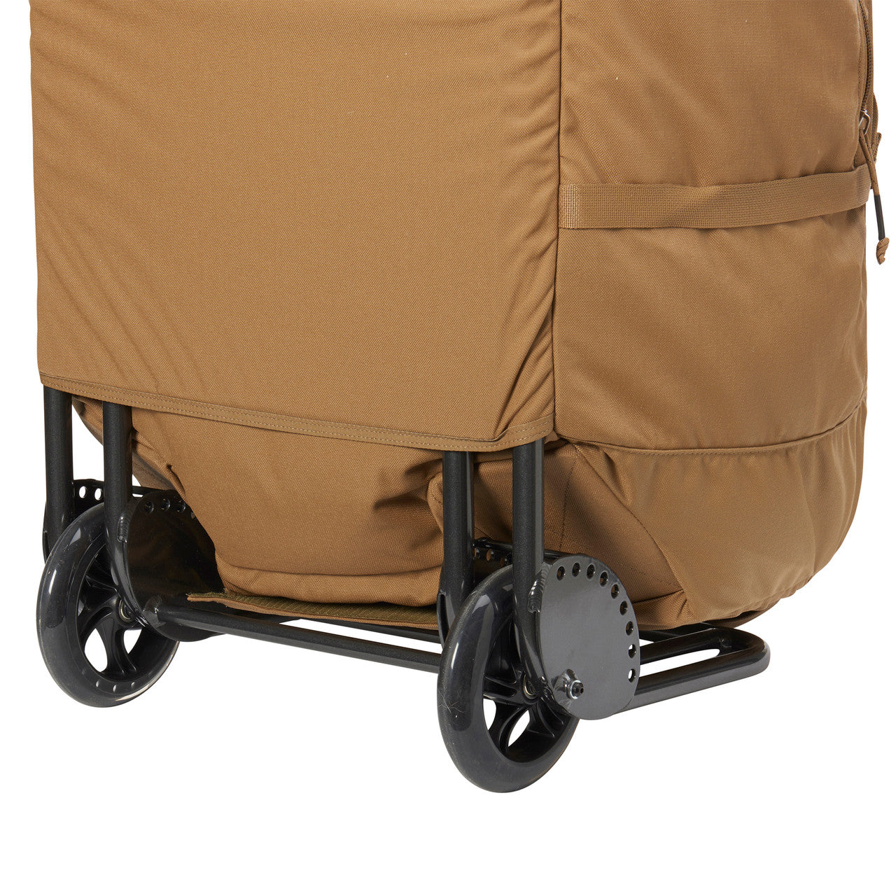 Kelty BRT USA rolling trunk,  coyote brown colorway, closeup of wheels