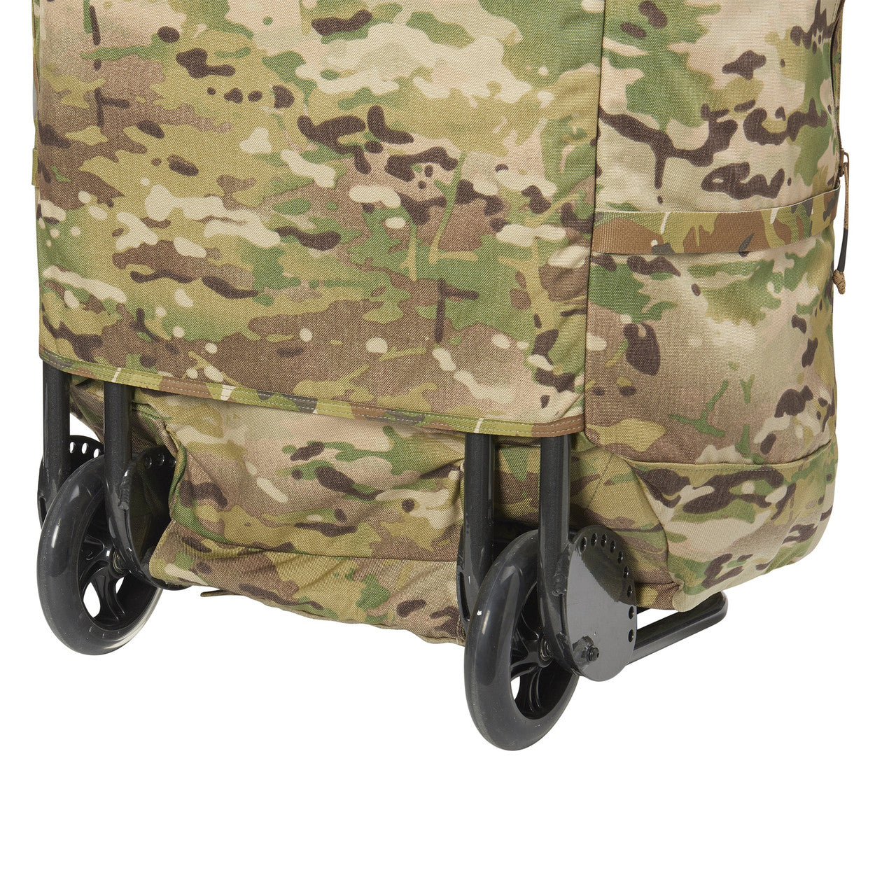 Kelty BRT USA rolling trunk,  multicam colorway, closeup of wheels