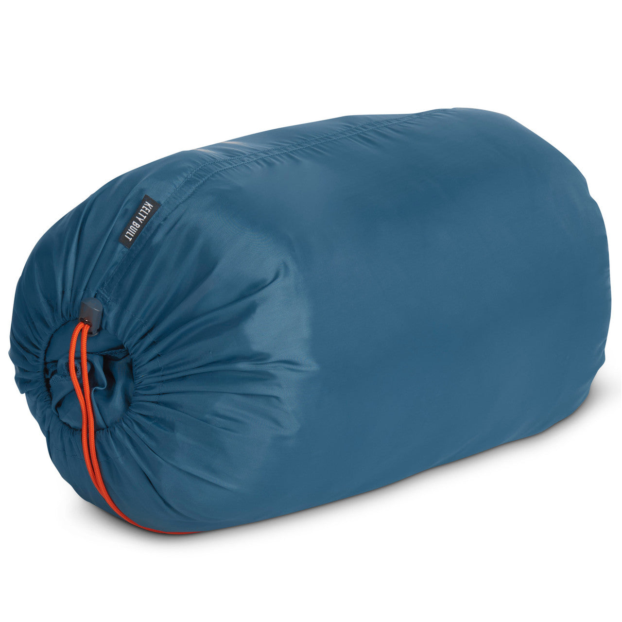 Kelty Women's Mistral 20 sleeping bag, shown packed inside blue stuff sack