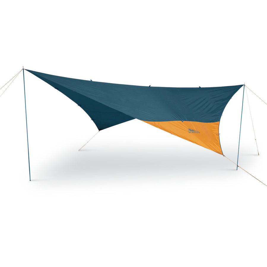 Kelty Noah's Tarp 9, blue, shown guyed out and supported by poles (not included)