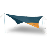 Kelty Noah's Tarp 12, blue, shown guyed out and supported by poles (not included)
