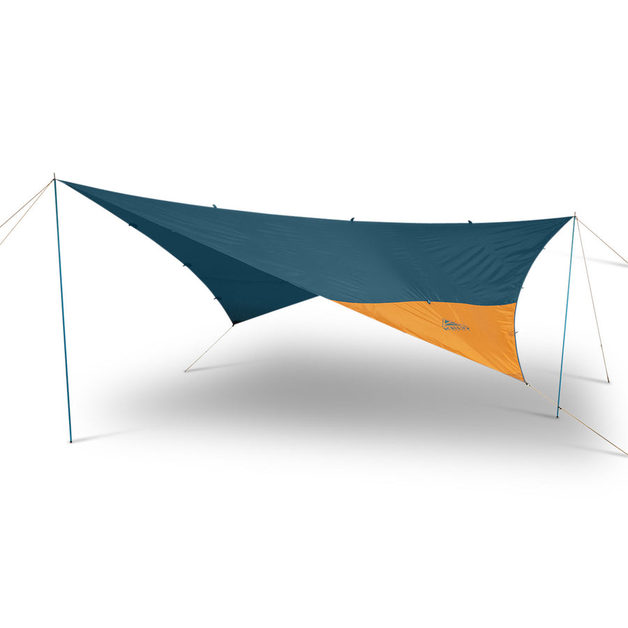 Kelty Noah's Tarp 12, blue, shown guyed out and supported by poles (not included)