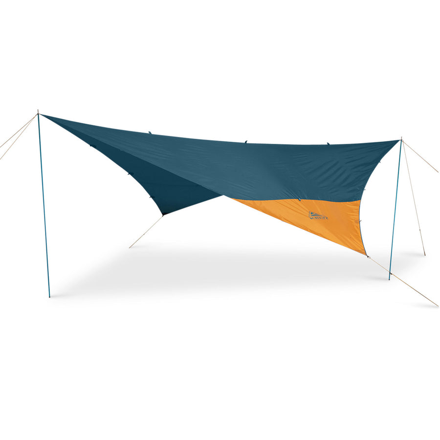 Kelty Noah's Tarp 16, blue, shown guyed out and supported by poles (not included)
