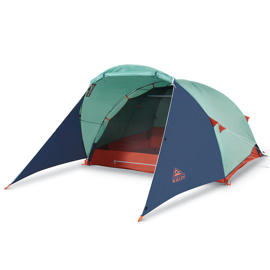 Kelty Rumpus 4 tent, front view, with fly attached, door opened