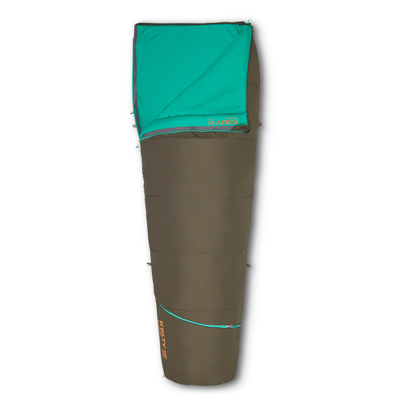 Kelty Rambler 50 Sleeping Bag, Peat, shown partially unzipped