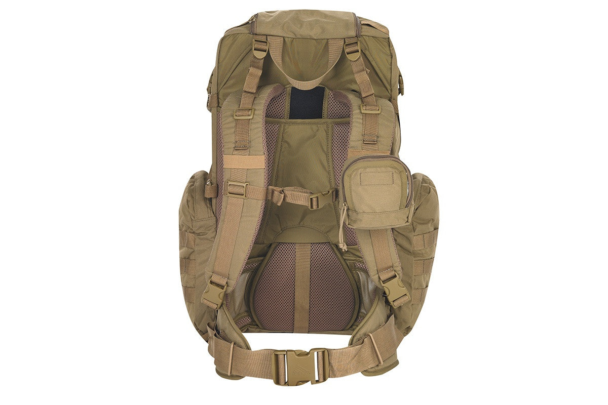 Kelty Raven 2500 backpack, Coyote Brown, rear view, showing padded shoulder straps and waist strap