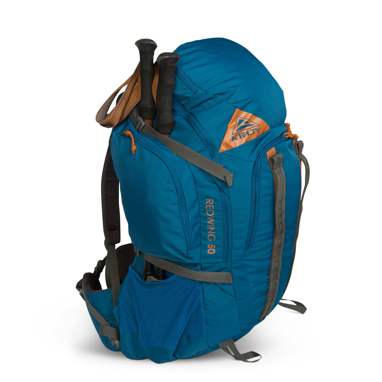 Kelty Redwing 50 backpack, Lyons Blue/ Golden Oak, side view, with trekking poles