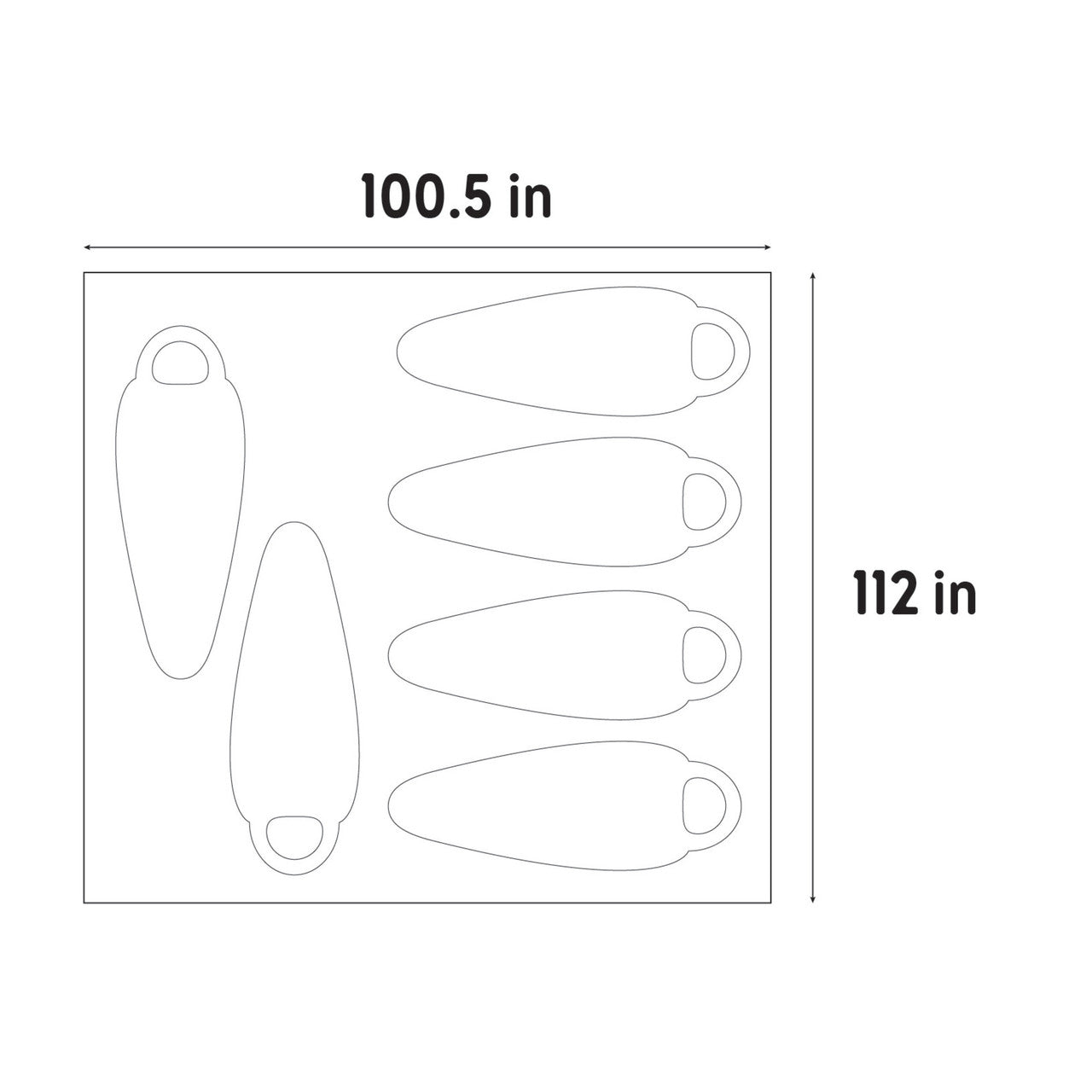 Illustration showing dimensions of Kelty Rumpus 6 footprint, 100.5" x 112"