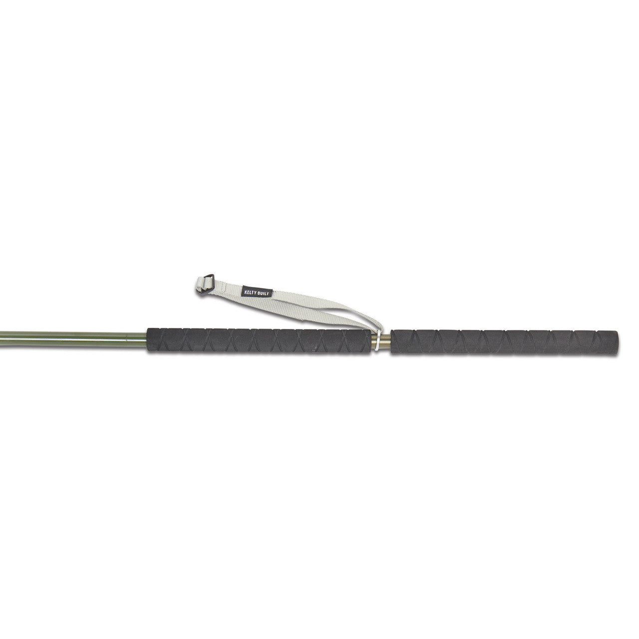 Close up of Kelty Strider Hiking Staff handle, showing black foam grip and white nylon wrist strap