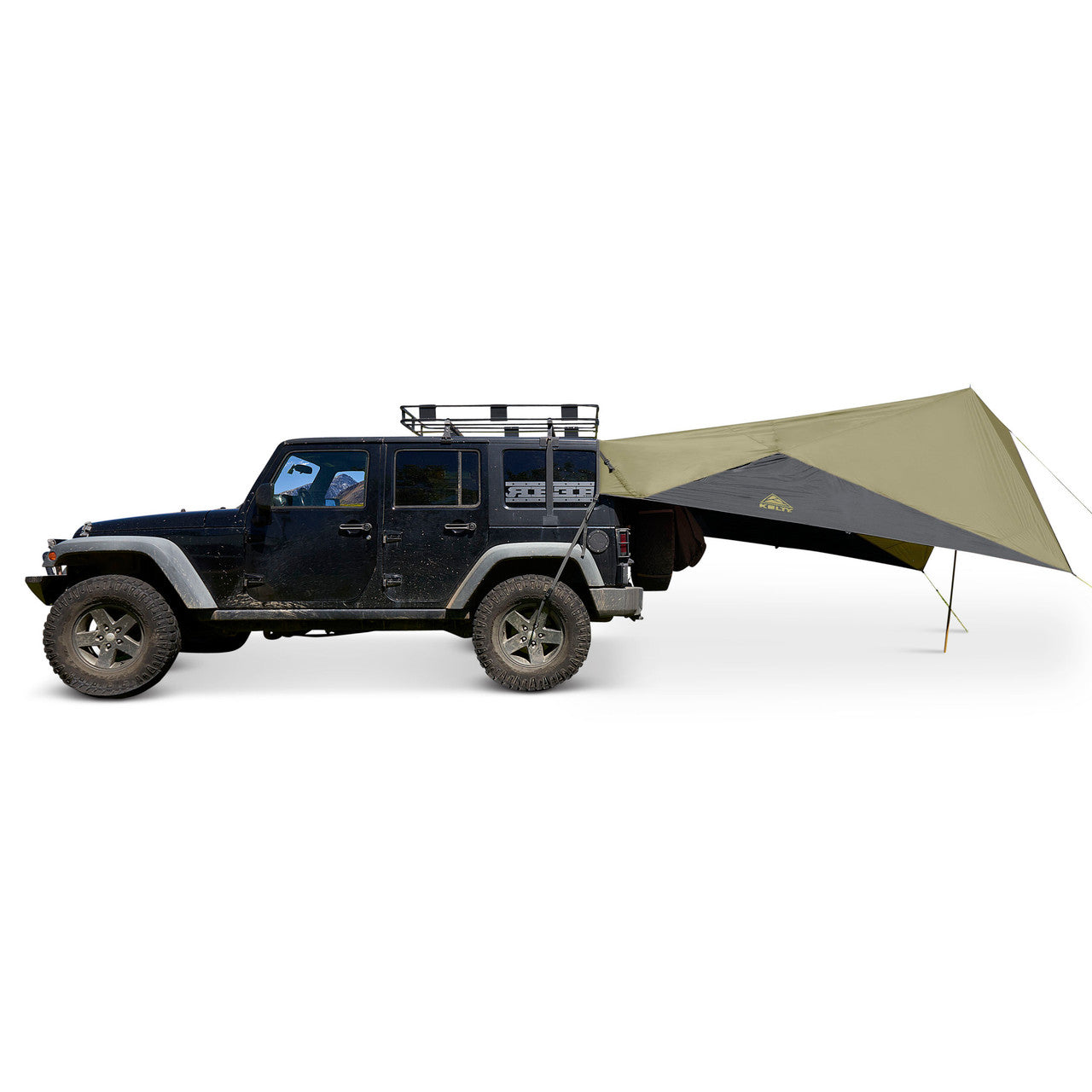 Kelty Waypoint Tarp, Elm/Dark Shadow, shown attached to Jeep, side view