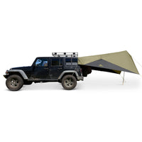 Kelty Waypoint Tarp, Elm/Dark Shadow, shown attached to Jeep, side view
