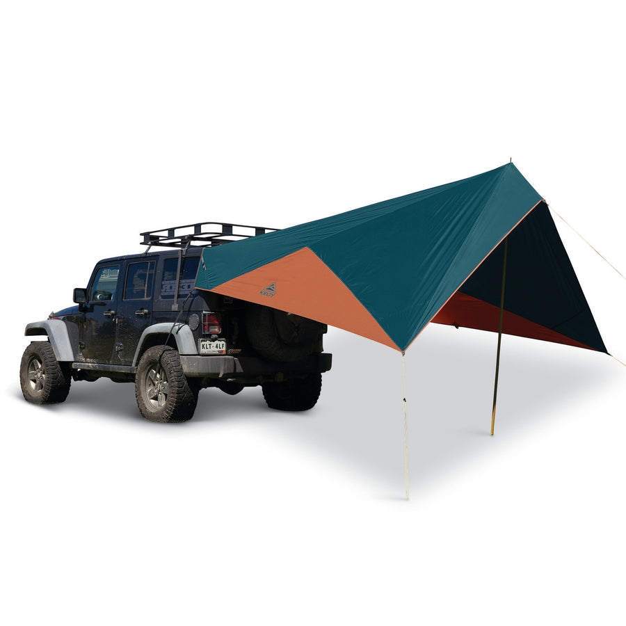 Reflecting Pond/Gingerbread - Kelty Waypoint Tarp, shown attached to Jeep, rear view