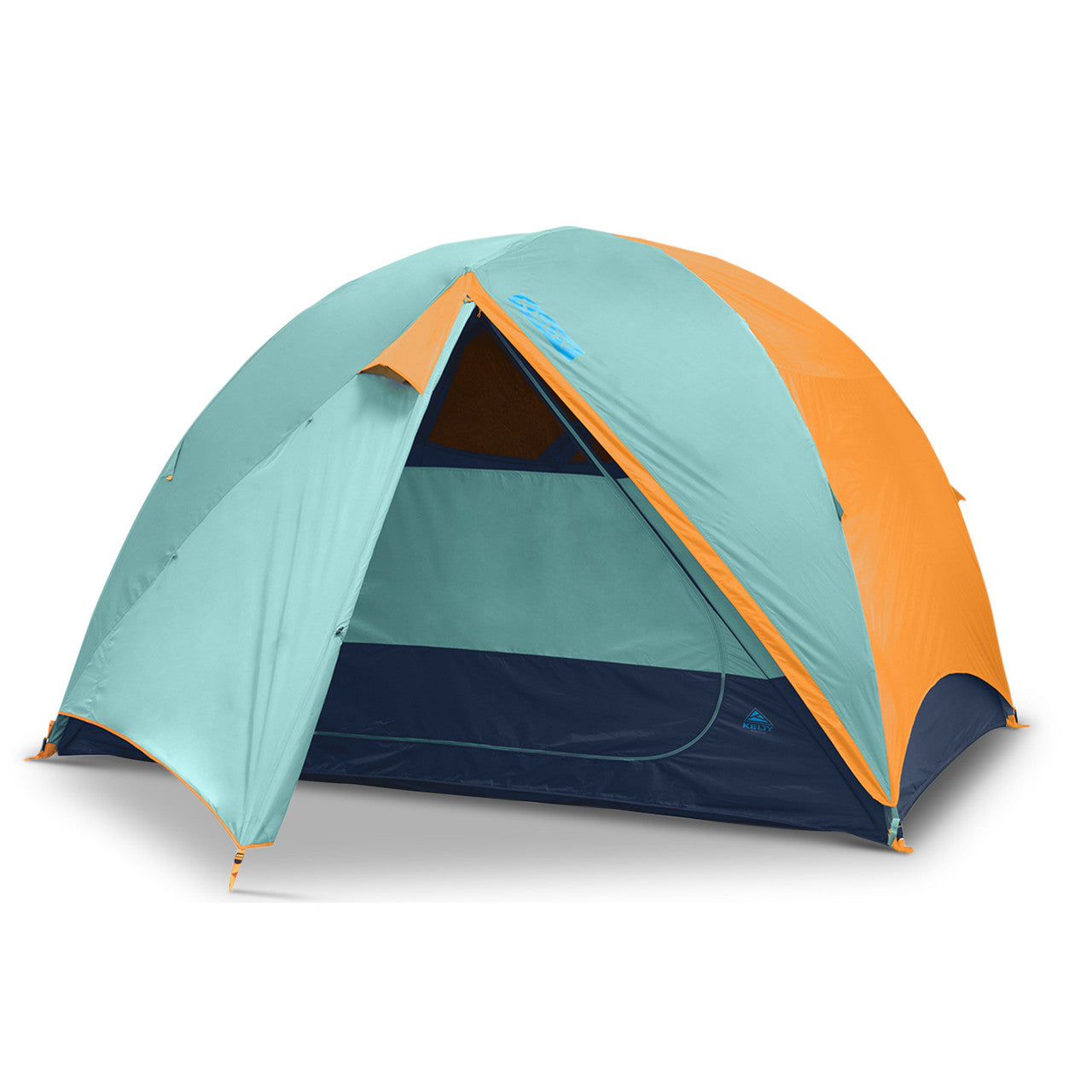 Kelty Wireless 4 tent, green, with fly attached and door open
