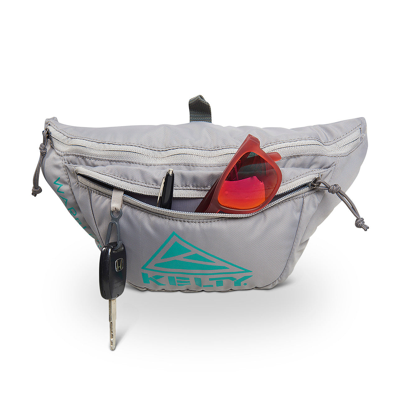 Kelty Warbler fanny pack, Smoke/Lagoon, front view, with front pocket opened