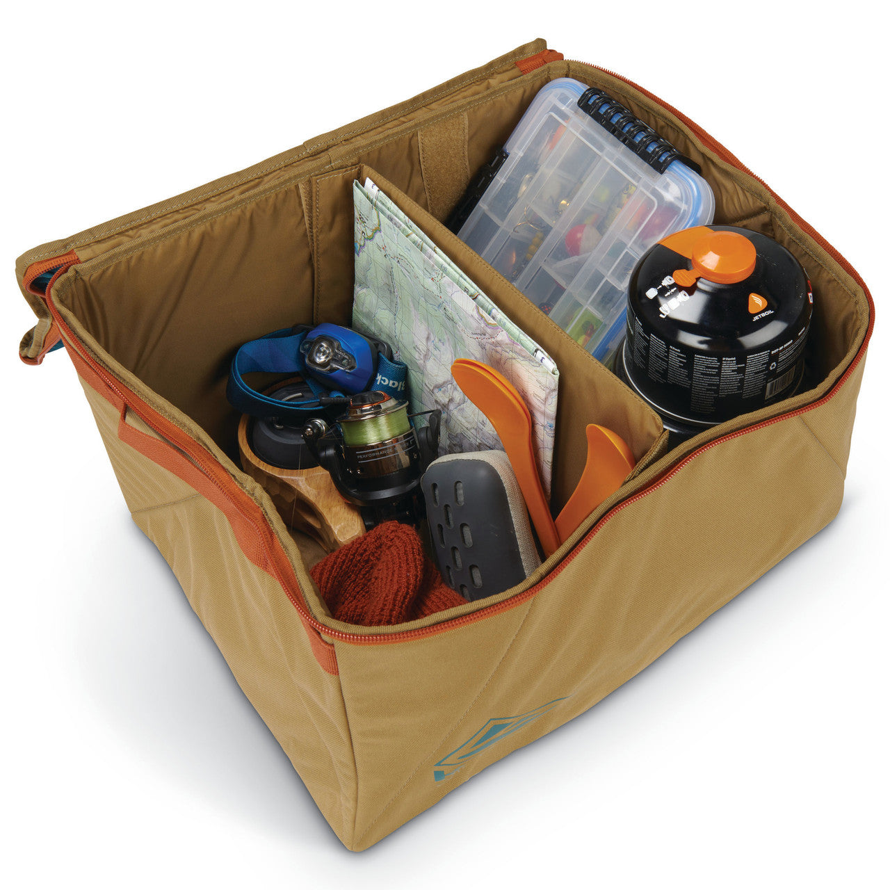 Kelty Window Seat storage bin, shown open, with gear inside