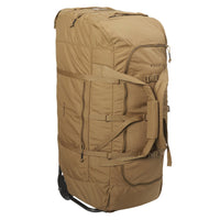 Coyote Brown - Kelty BRT USA rolling trunk, standing on its end, 3/4 view