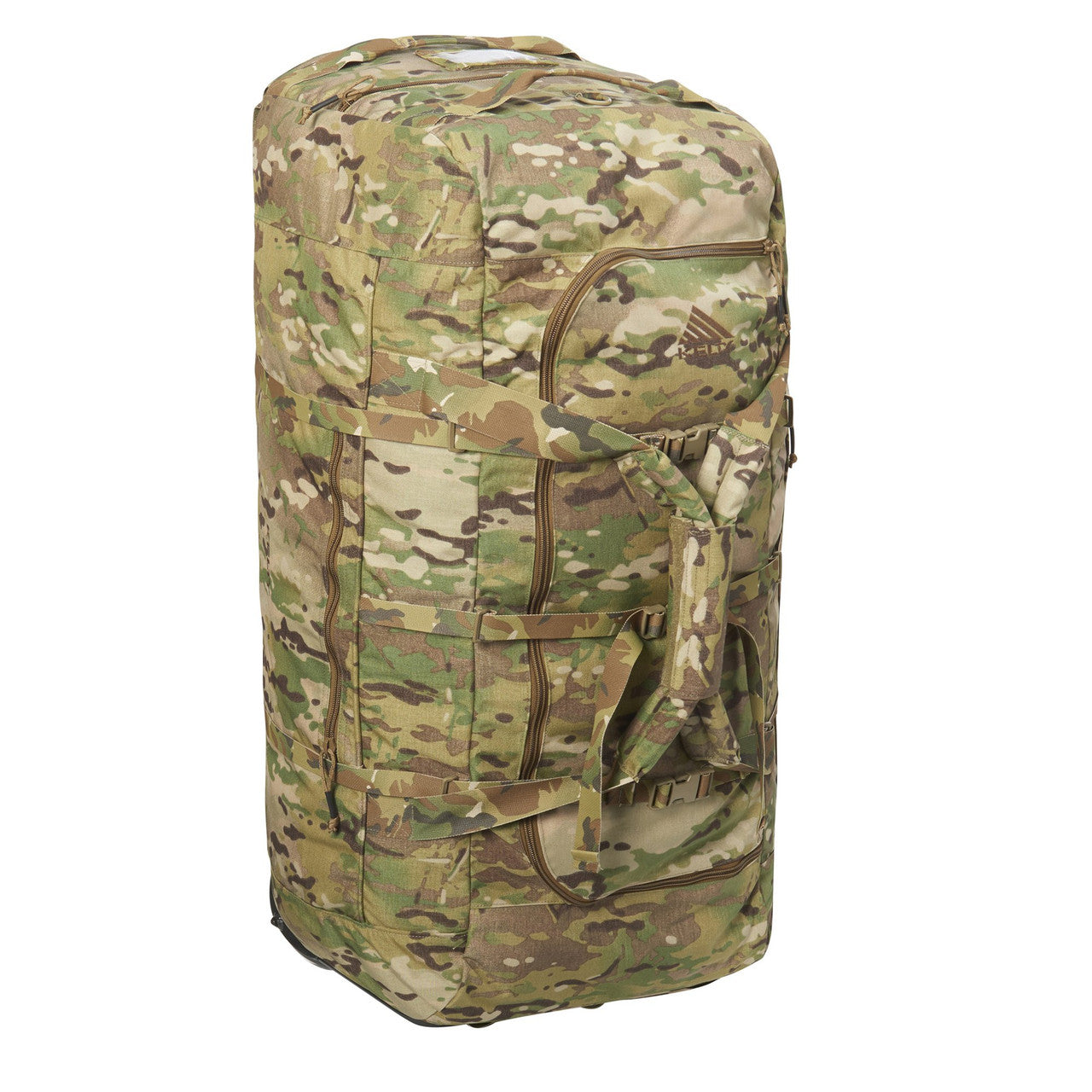 Multicam - Kelty BRT USA rolling trunk, standing on its end, 3/4 view